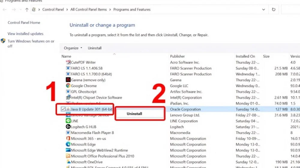 Thực hiện gỡ bỏ bản cập nhật Java 8 khỏi hệ thống