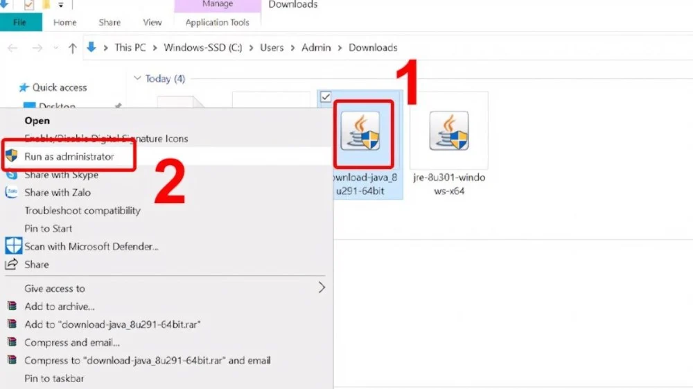 Khởi chạy file Java vừa tải với quyền quản trị viên hệ thống