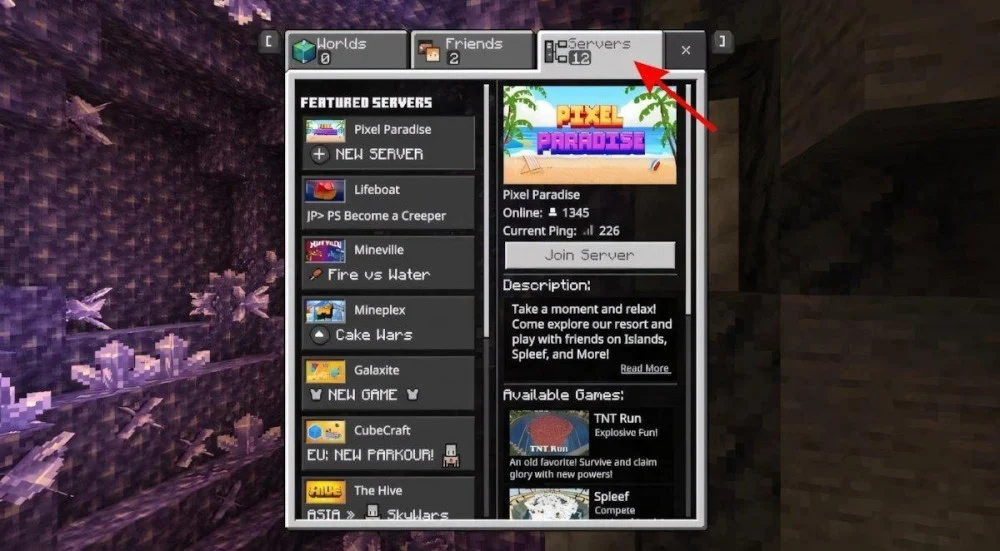 Chọn mục Play, chuyển sang tab Servers để kết nối