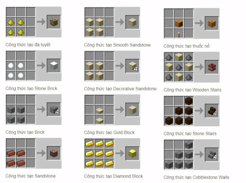 Công thức khối Minecraft với đá phát sáng, thạch anh