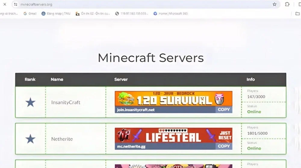 Chọn MineVN, VnCraft, PokeHub, sao chép địa chỉ IP