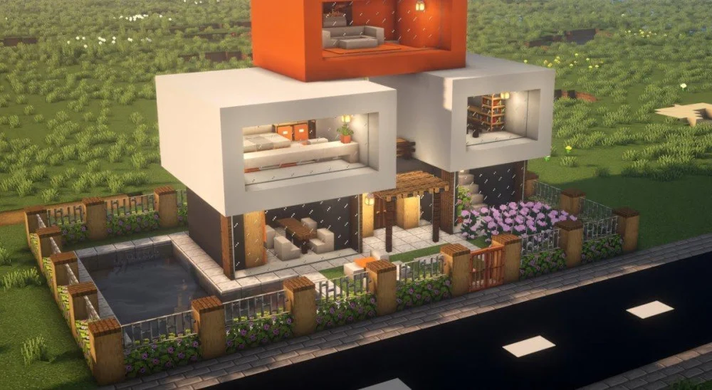 Thiết kế biệt thự sân vườn có hồ bơi trong Minecraft