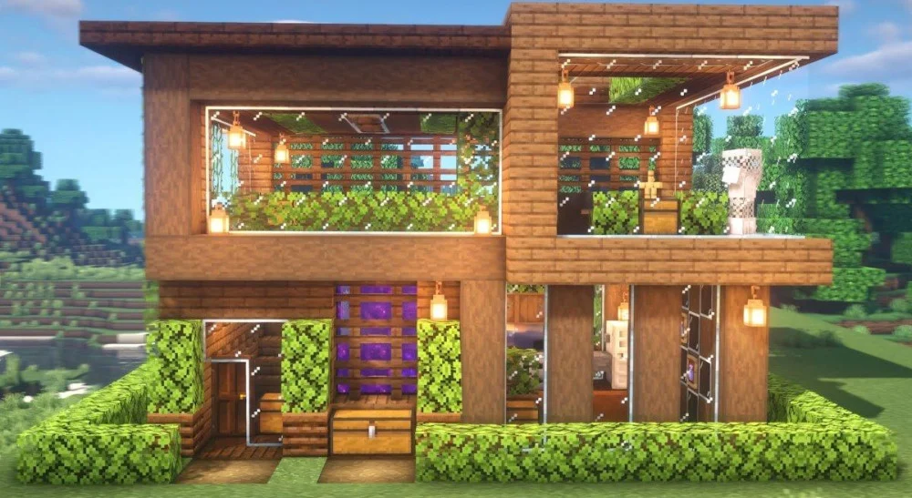 Thiết kế nhà gỗ hai tầng tiện nghi trong Minecraft