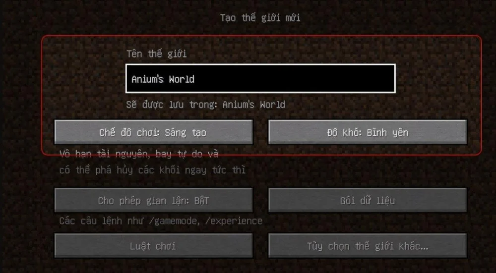 Thiết lập tên, Game Mode, Difficulty, Cheats và Game Rules