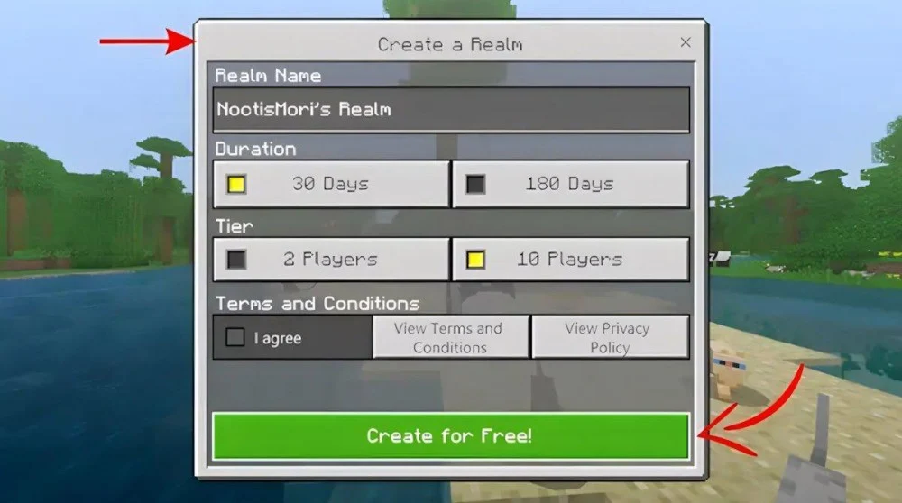 Minecraft Realms đặt tên, giới hạn slot, chọn Create for Free