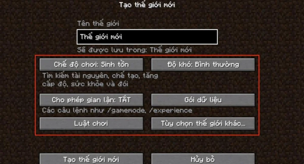 Thiết lập chế độ chơi và độ khó tại bảng Tạo thế giới