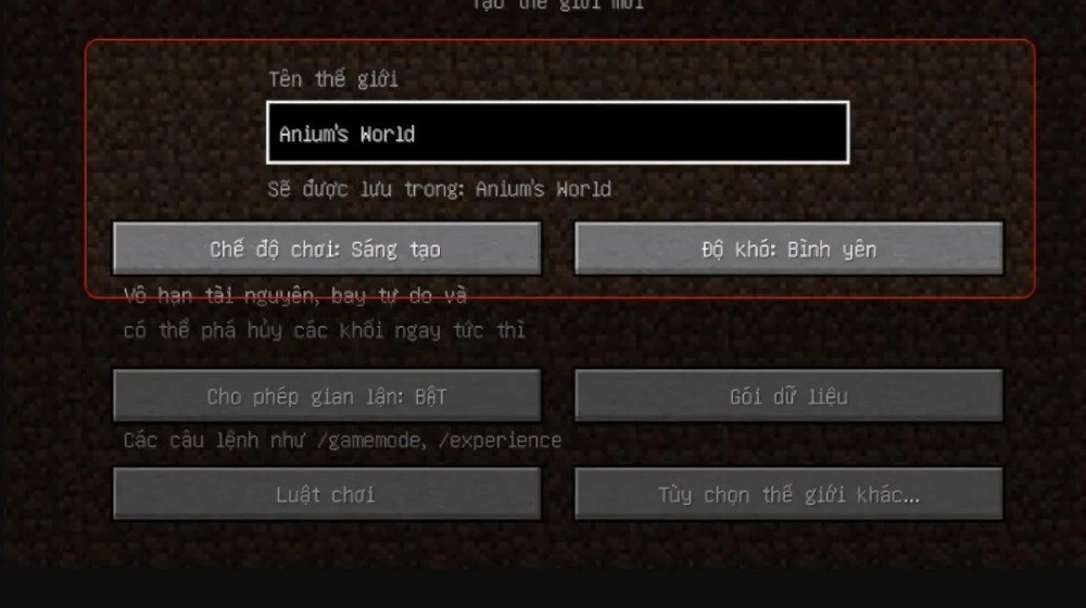 Nhấn Create New World để thiết lập bản đồ mới